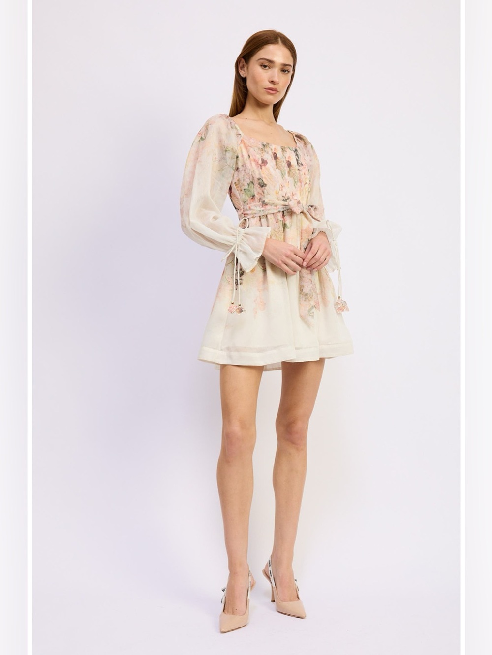 En Saison Floral Print Tie Waist Long Sleeve Chiffon Minidress NWT X Small